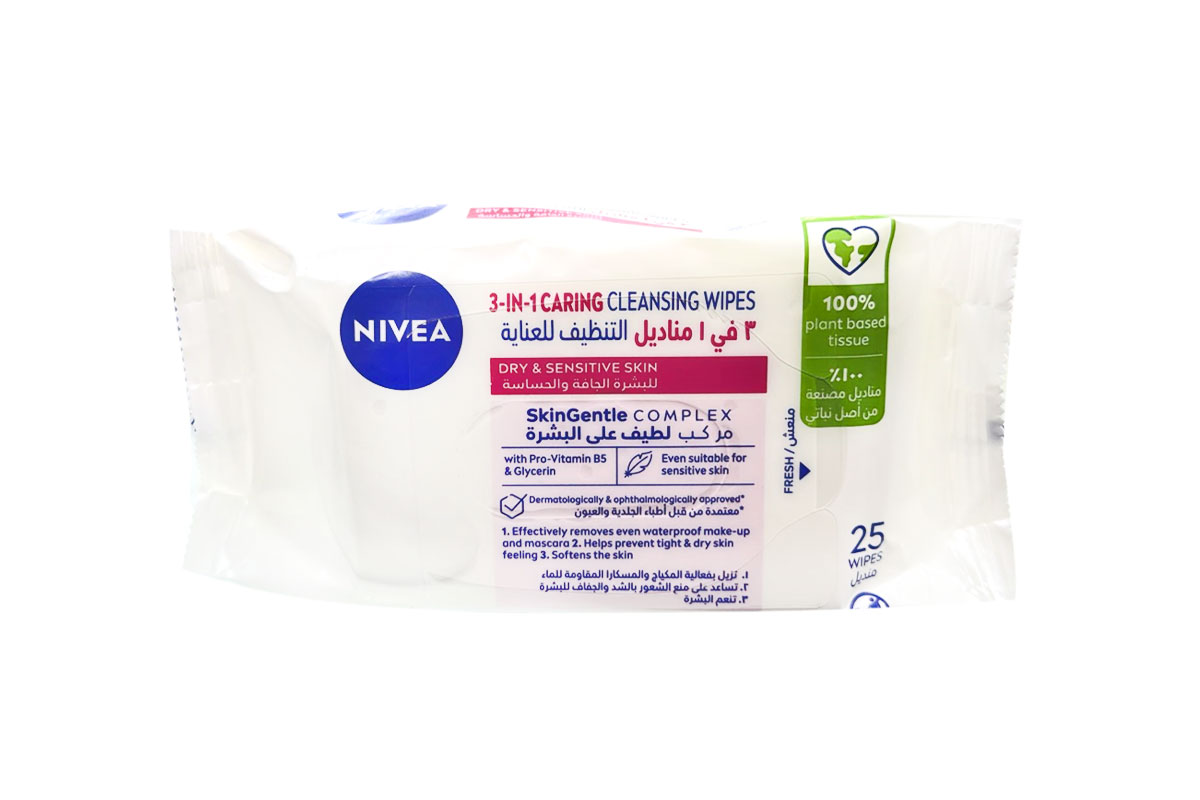 NIVEA FACE 3 IN 1 GENTLE CLEANSING WIPES FOR DRY AND SENSITIVE SKIN 25 WIPES - Apotek Plus Pharmacy