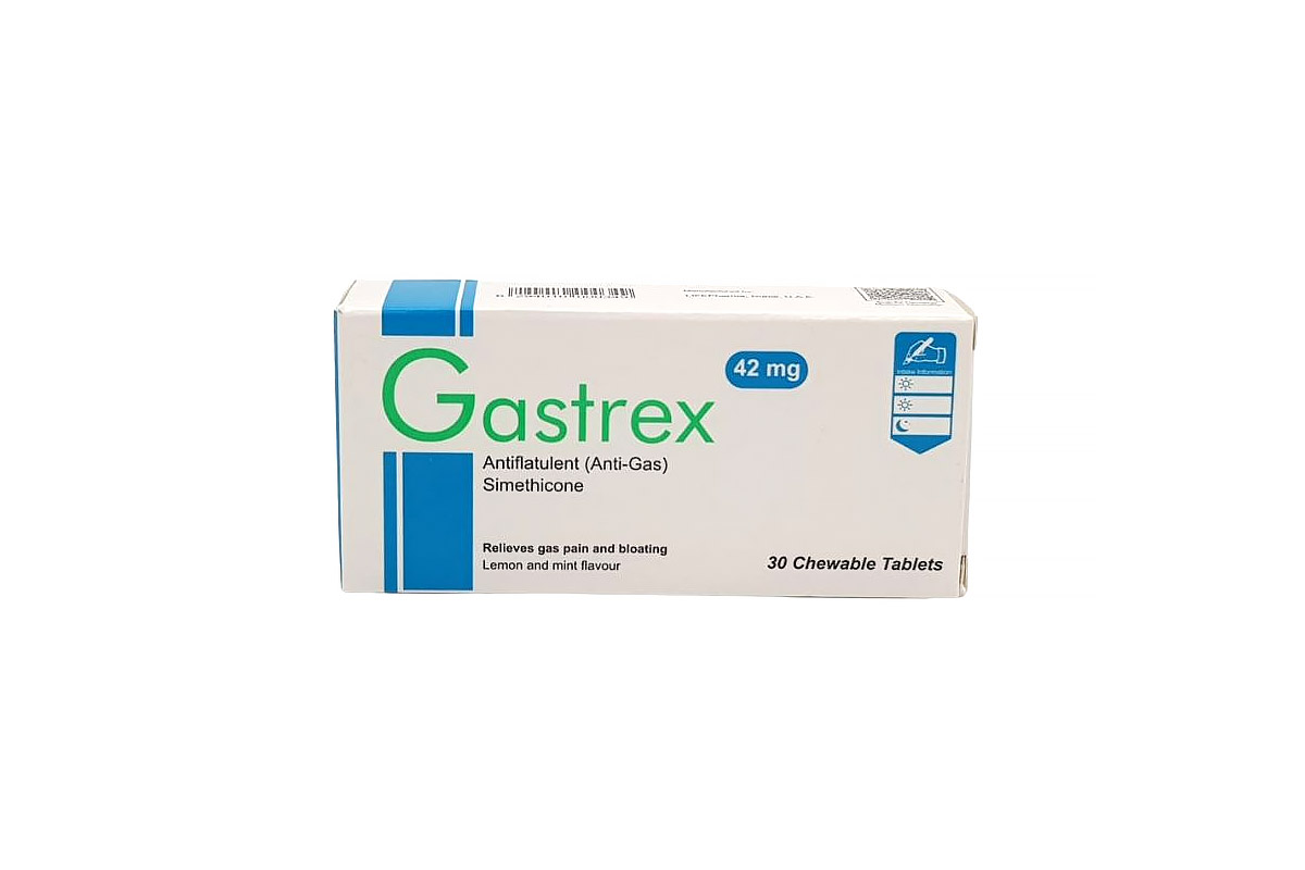 GASTREX SIMETHICONE 42MG LEMON AND MINT FLAVOUR 30 CHEWABLE TABLETS - Apotek Plus Pharmacy