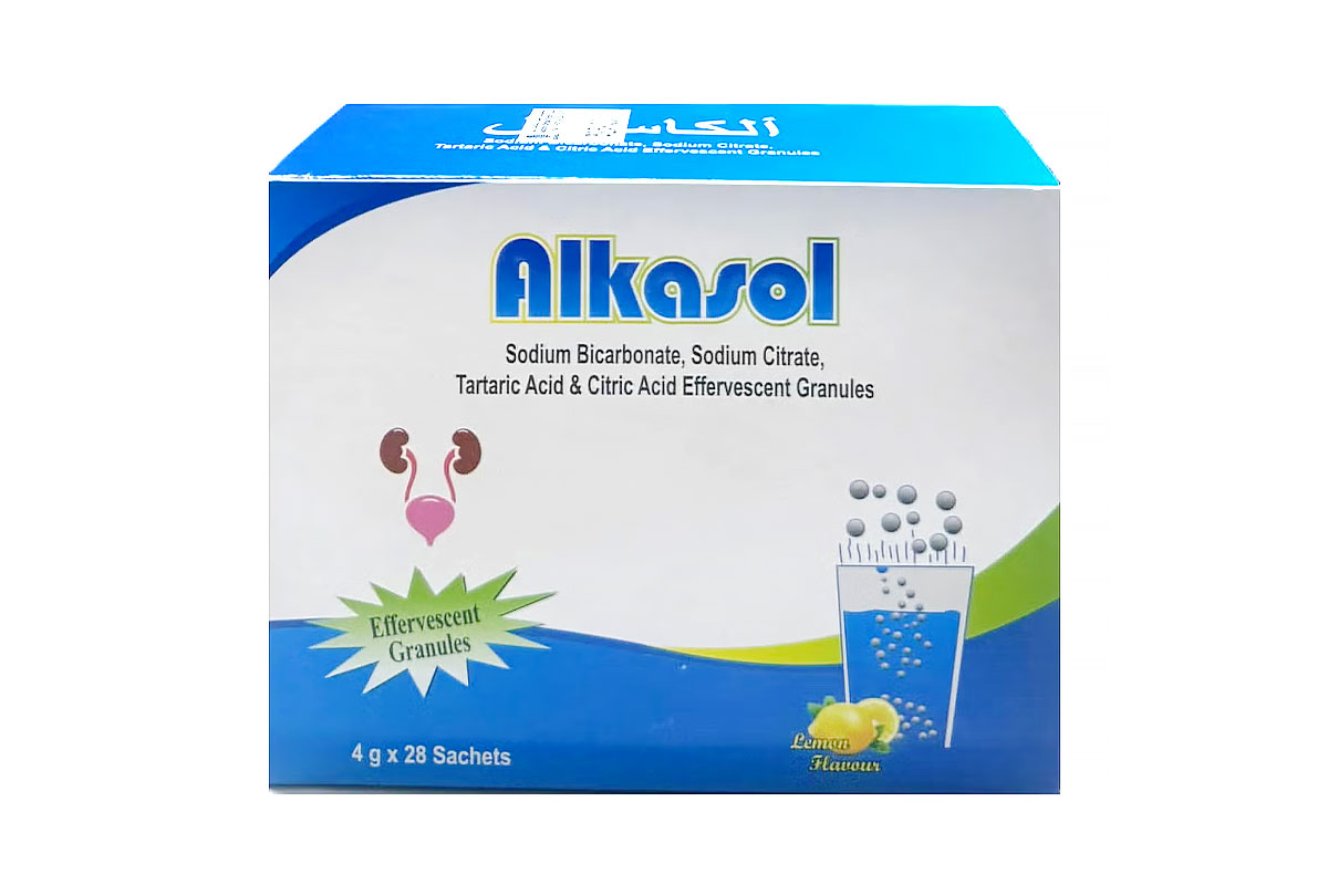 ALKASOL EFFERVESCENT GRANULES LEMON FLAVOUR 28 SACHETS - Apotek Plus Pharmacy