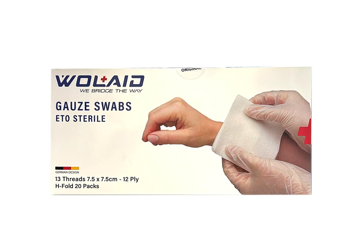 WOLAID GAUZE SWABS ETO STERILE 7.5X7.5CM 12PLY 5 PCS - Apotek Plus Pharmacy