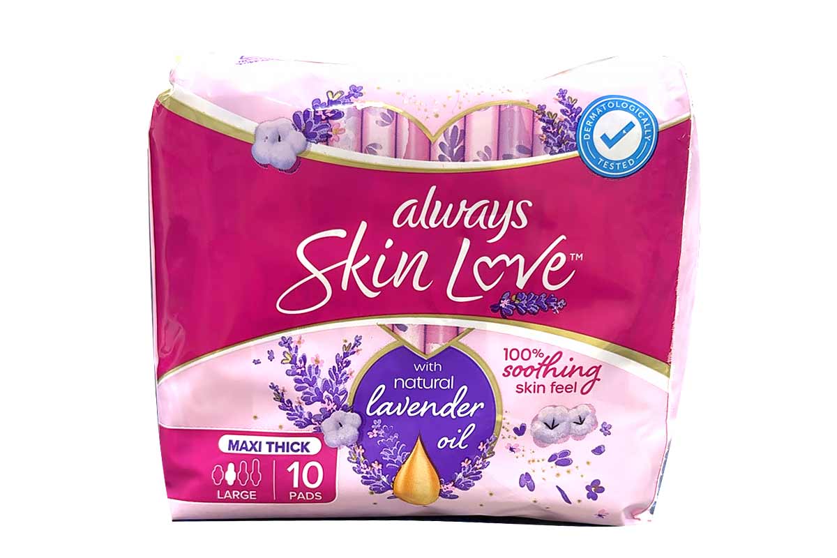 ALWAYS SKIN LOVE MAXI THICK SOOTHING LARGE WITH NATURAL LAVENDER OIL 10 PADS - Apotek Plus Pharmacy