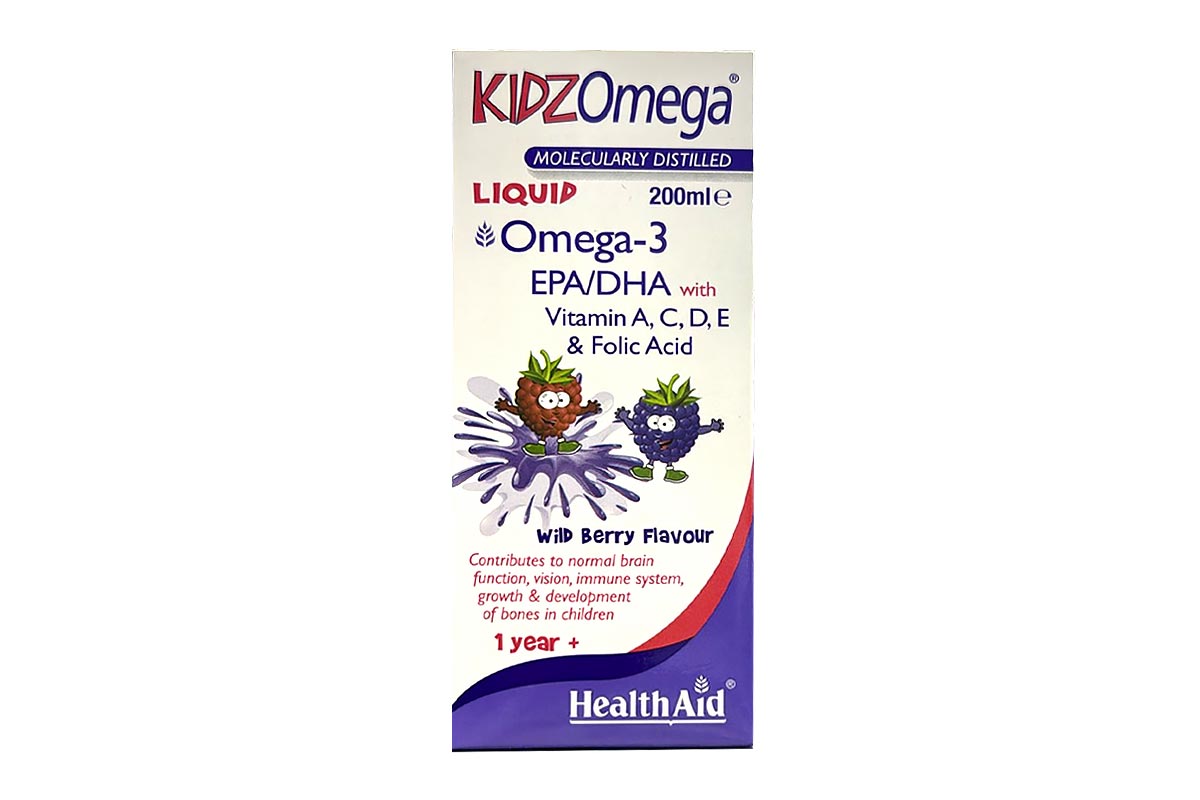 HEALTH AID KIDZ OMEGA 3 LIQUID FROM 1 YEAR WILD BERRY FLAVOUR 200ML - Apotek Plus Pharmacy